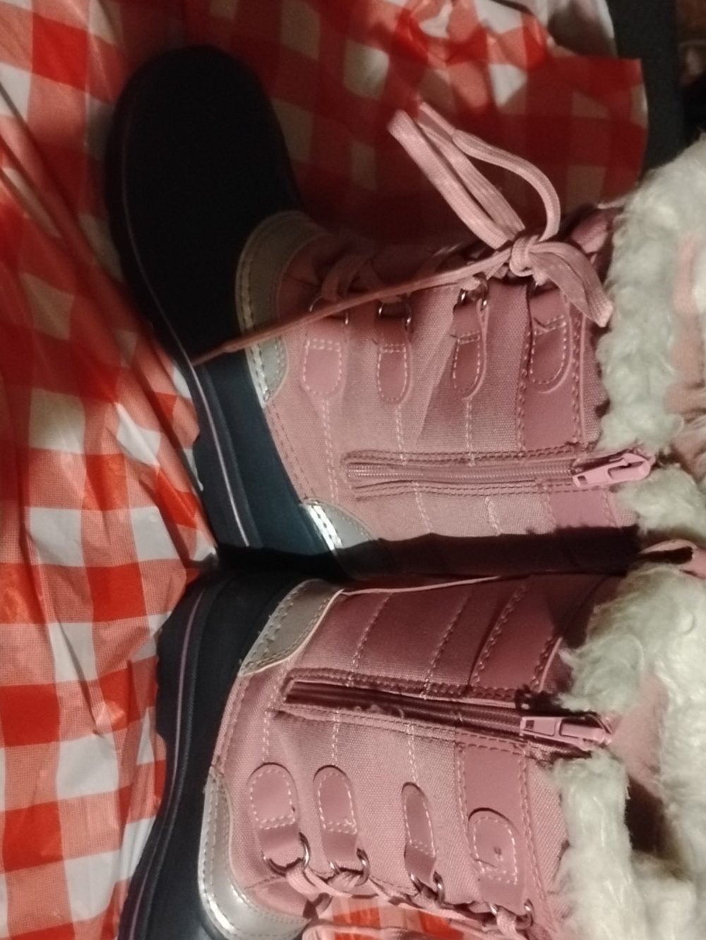 Pink and Navy Girls' Winter Snow Boots with Faux Fur Trim - Picture 2 of 6